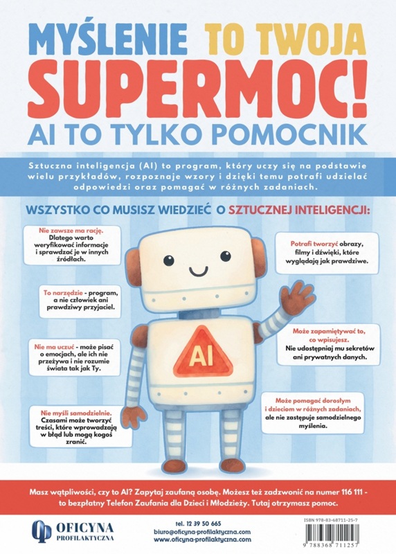 Plakat: Myślenie to Twoja supermoc! AI to tylko pomocnik (dzieci)